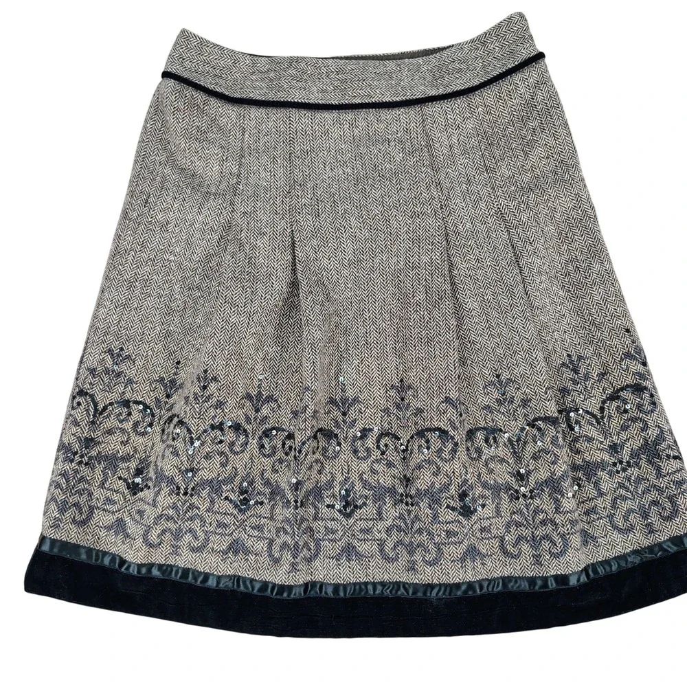 LOFT Womens 4P Herringbone A-Line Skirt Brown Wool Blend Sequin Velvet Academia
